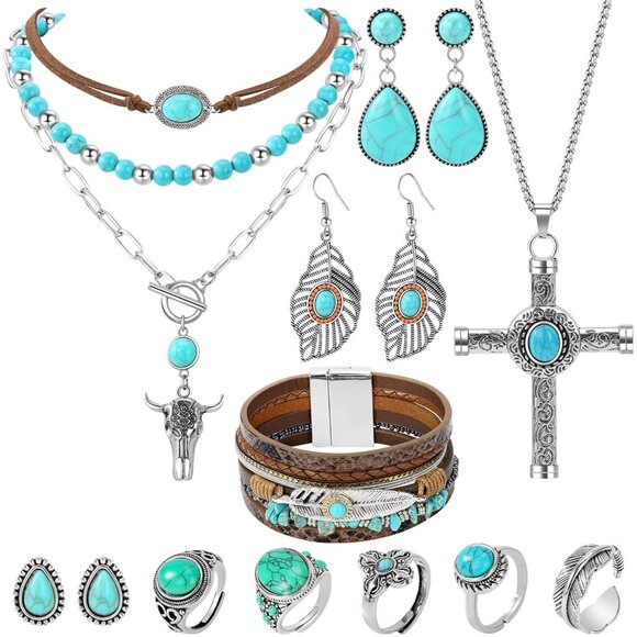 Jewelry - Western Jewelry for Women - Boho Turquoise Jewelry Set with Turquoise Necklace,